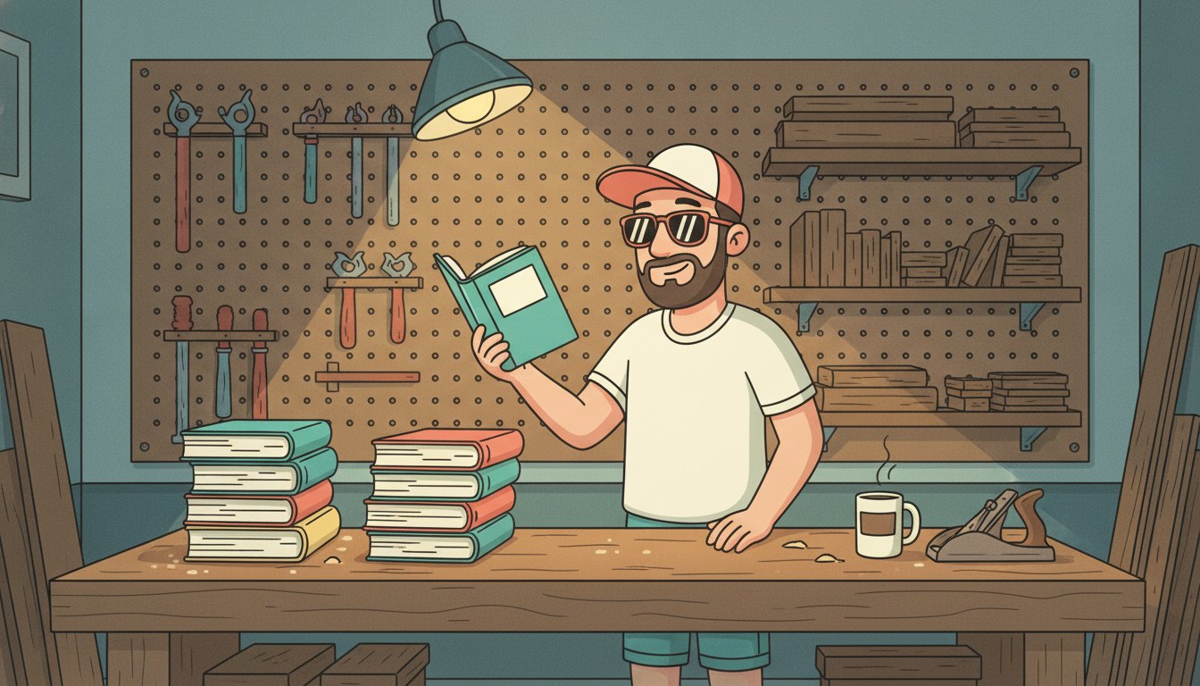 Cartoon illustration of Tim in his garage workshop under a warm work lamp, holding up one paperback while he decides which of the sorted stacks of books already on the sawdusty workbench it belongs on