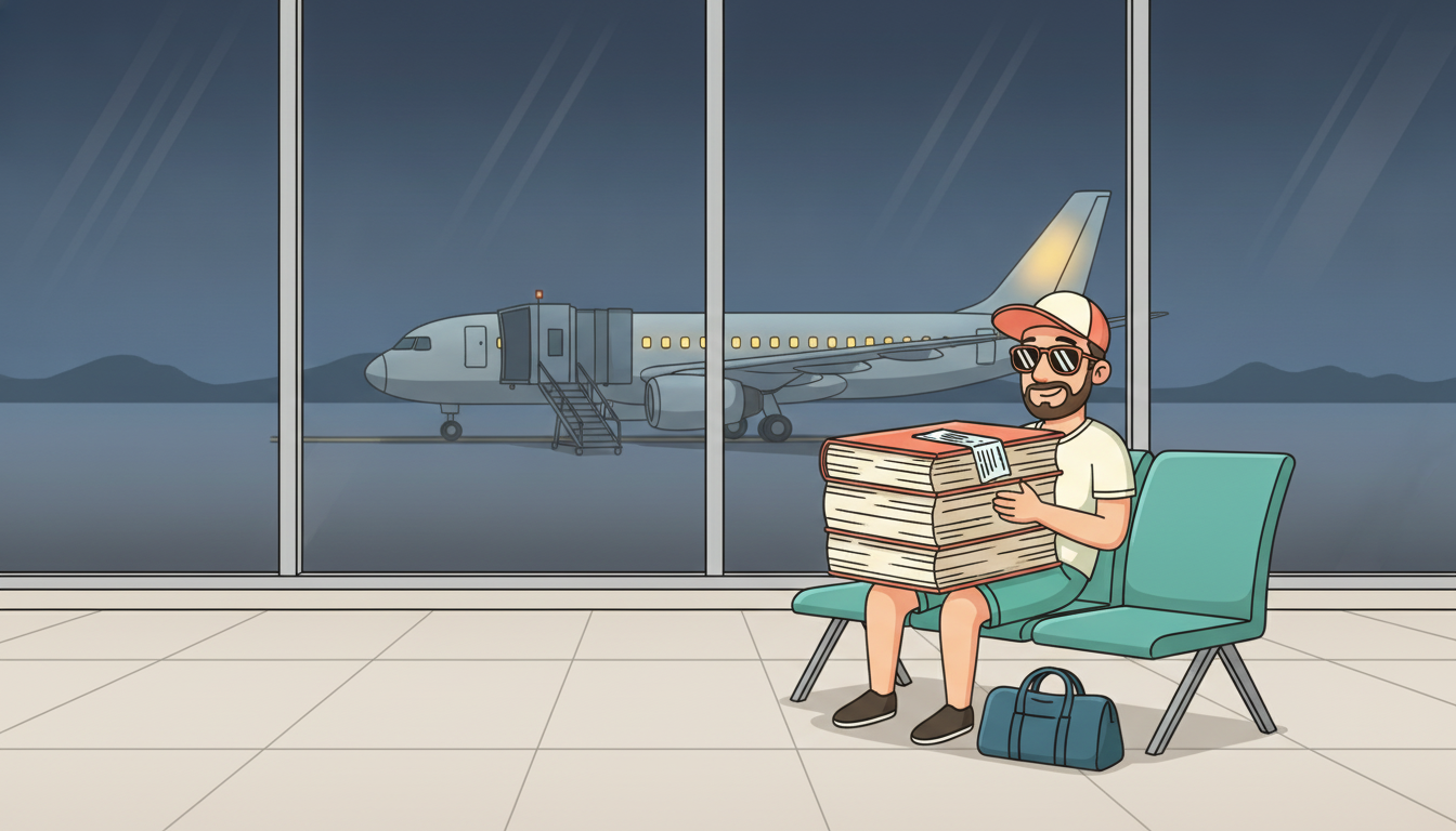 Cartoon illustration of Tim waiting at an airport departure gate at night, balancing an enormous brick of a paperback on his lap with a boarding pass tucked in as a bookmark, a carry-on bag at his feet and a lit airliner at the jet bridge through the window behind him
