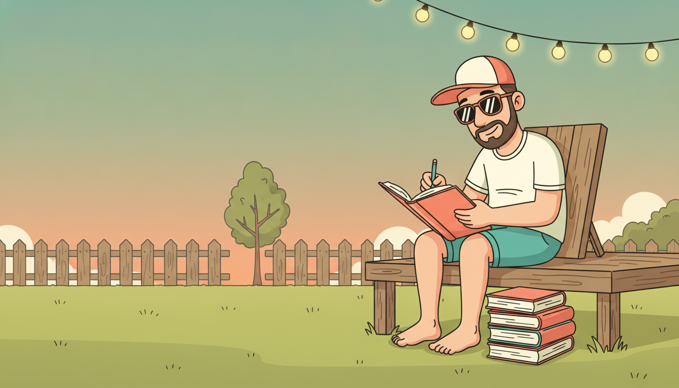 Cartoon illustration of Tim sitting on a wooden bench in his backyard at dusk under string lights, pencil in hand, writing a short note in the back of a thick paperback, with a stack of the rest of the series on the grass at his feet