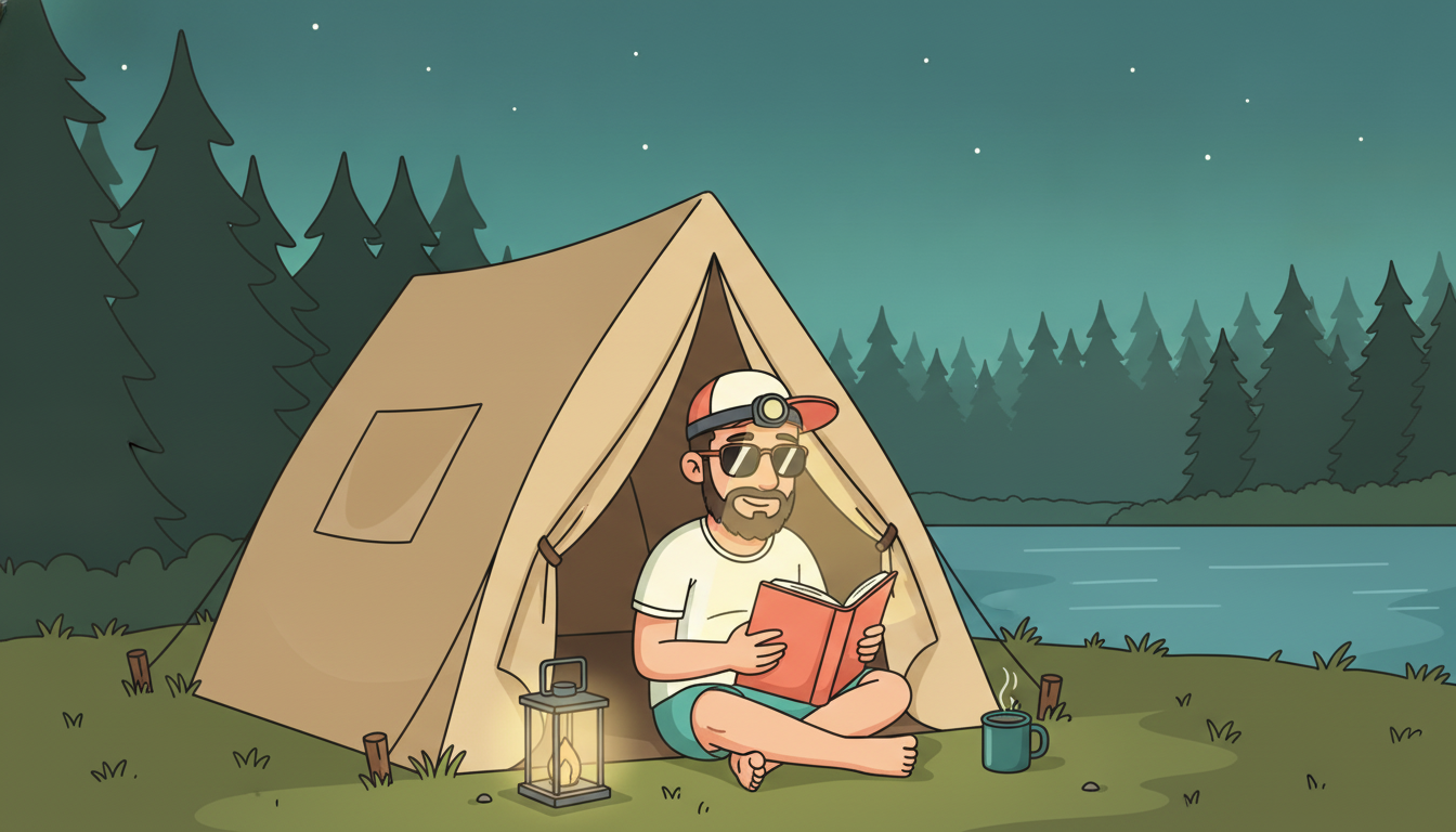 Cartoon illustration of Tim sitting cross-legged in the doorway of a canvas tent at a lakeside campsite after dark, reading a paperback with a headlamp on his cap, pine trees and stars behind him and a lantern glowing on the grass