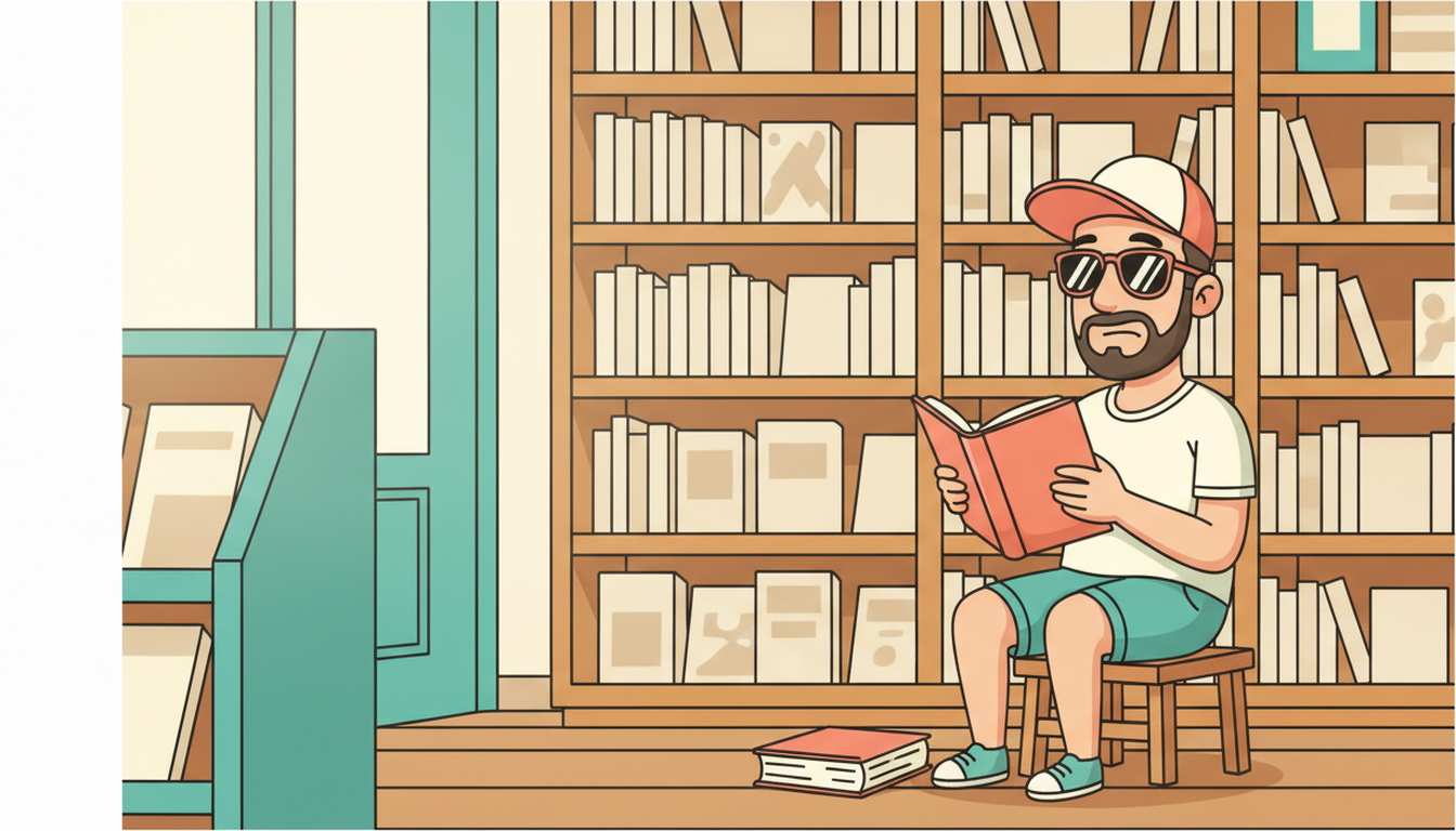 Cartoon illustration of Tim perched on a low wooden step-stool in the aisle of a cosy bookshop, a very thick paperback open on his knee and a second one closed on the floor beside him, head tilted with an unconvinced look as tall shelves run away behind him
